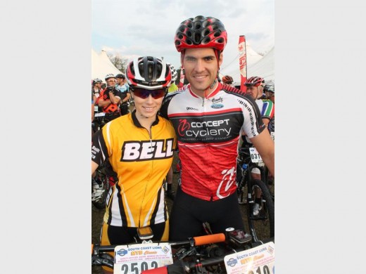 Class act: There were no surprises when Hayley Smith won the women's 45km race. She is congratulated by Brennan Anderson.