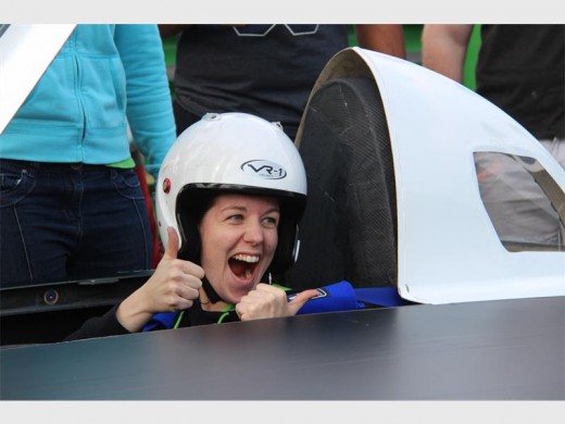 Loving it: Fiona Leverone from UKZN gets ready to test drive the solar powered car. 1039SN