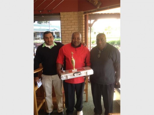 Well played: Pravesh Govender (left) and sponsor Krish Kandasamy congratulate Pro-Vision's 2015 Captain's Cup winner, Wanda Nxumalo. He scored 36 points at Margate Country Club in trying weather, to see off Naveshin Moodley (34 points) and Paul Naidoo (33 points). Special thanks to Krish Kandasamy and family for their sponosorship of great prizes and braai after the game.