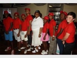 New generation of golfers: Mayor Cynthia Mqwebu is joined by (from left) Syamthanda Mvunguse (Port Shepstone Senior), Lwazi Mvunguse (Westbury College of Science), Siphele Luthuli (Ensimbini Primary), Keenon Choonoo (Port Shepstone Secondary), Akhona Khuzwayo (Sethembinkosi Junior Primary), Nikkay Choonoo (Port Shepstone Secondary), Happy Ndovela (Nombusi High) and Wesley McNeil (Southcity) at the development golf day.
