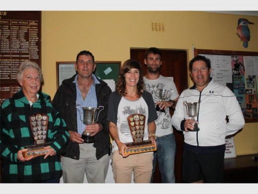 Trophy time: Doubles and single winners of the 2015 club championships at Tweni Jean Marx (left) with Colin Barker, Chantelle Donald, Matthew Holmes and Tisch Roos. Isabeau le Roux was not available for the group photograph.