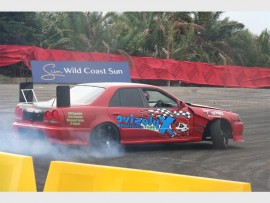 Going sideways: Drift driver, David Nel thrilled visitors in his Nissan Skyine R34, V8 car. 2667vee