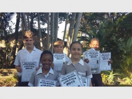 Port Edward Primary athletes (back, from left) Ethan Scorer, Joshua Jansen van Rensburg and Abenathi Gwanya, with (front) Sisonke Siwisa and Scarlet Scorer, represented the school at the Lower South Coast Athletics Championships held at Southcity last week. (Absent from photo: Errin Jardim and Olivia Burger).