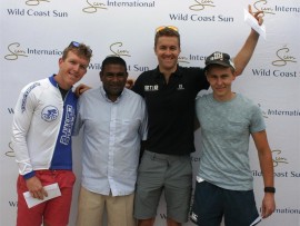 Well done: Myan Moodley, general manager of Wild Coast Sun, (second from left) congratulates the winners of the 40km event, (from left) Leeroy Emslie (2nd), Andrew Hill (1st) and James Theunissen (3rd). SUBMITTED