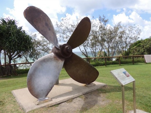 The propeller of the1 625 tonne Cherry Venture that came to grief near Hervey Bay in 1973 during a 125km per hour cyclone. The 14m high seas and heavy rain drove her onto the beach. The captain, the 24 crew members and two pet monkeys survived.