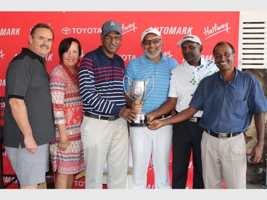 Champions: Sponsors Brian and Liz Jones with the winners of the Halfway Toyota Restoration Cup at the Port Shepstone Country Club on Sunday, from left, Peppy Govender, Dr Ayoob Bux, Ganes Munsami and Pete Govender.