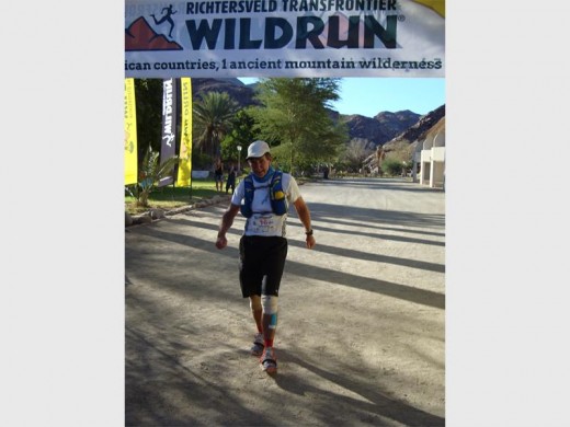 Finish(ed): Cleve Walker hobbles over the line, successfully completing the 200km Richtersveld Transfrontier Wildrun.