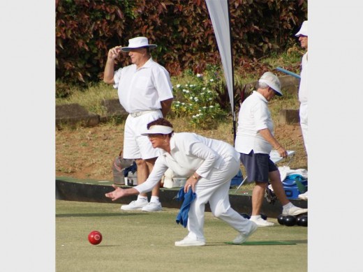 Focused: Margie Randall (The Bell) in action during the Halfway Toyota Shelly Beach mixed fours at The Bell recently.