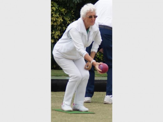 Planning: Annette Payne of Margate BC plots her next delivery in the Halfway Toyota Shelly Beach mixed fours at The Bell last week.