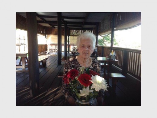 Going strong: Theresa MacPherson of Munster Bowling Club turned 102 on Friday, June 10. She enjoyed a meal with fellow bowlers at Krafty Chameleon restaurant, sampling the tasty fish and chips.