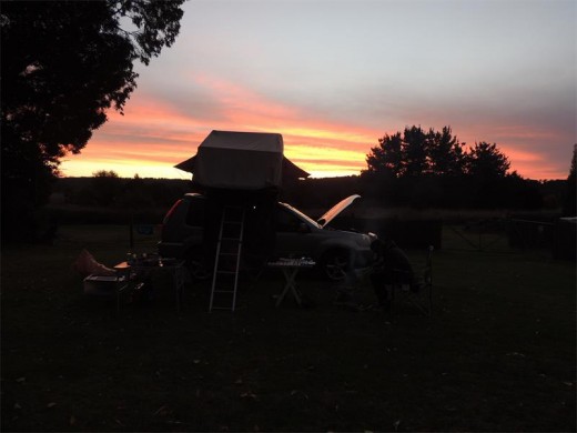 Our little Glen Innes encampment silhouetted against the setting sun.