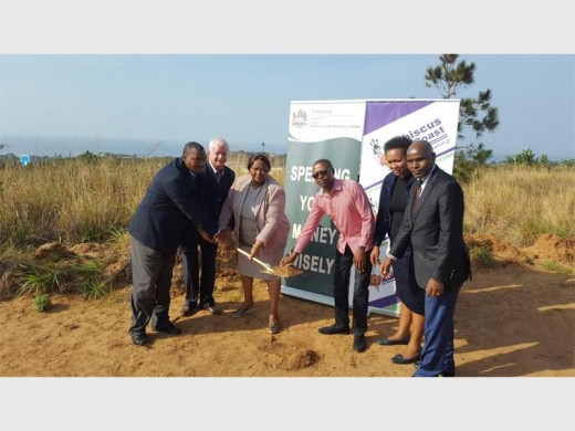 Seen at the Port Shepstone techno hub sod turning ceremony in Uvongo are (from left) Councillor Bheka Cele, deputy mayor Johnny de Wet, mayor Cynthia Mqwebu, KZN treasury head of department, Simiso Magagula, Neli Shezi and municipal manager Max Mbili.