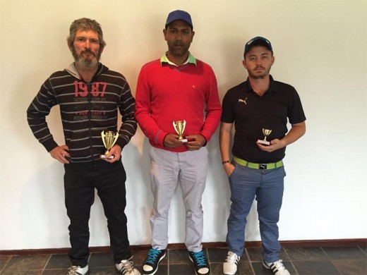 'Pop Eye' sails away Braving the elements: Pro-Vision played its fifth monthly mug for the year at a very cold and wet Port Shepstone Country Club last Sunday. The winner was Ivan 'Pop Eye' Fabricius (left) on 41 points. Runner-up was Risheen Goberdan (middle) on 40 points. Keegan Ray was third on 38 points. PHOTO BY SHARMS GOBERDAN