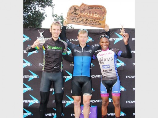 Podium place: Taking the first three places in the men's 45km MTB race were (from left) Jason Davies (2nd), Leeroy Emslie (1st) and Mboneni Ngcobo (3rd).