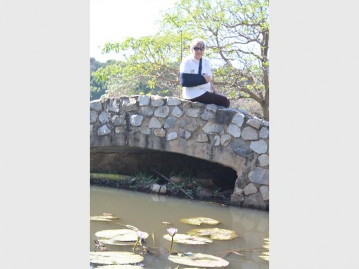 Wendy Holness admires the view from the pretty little bridge.