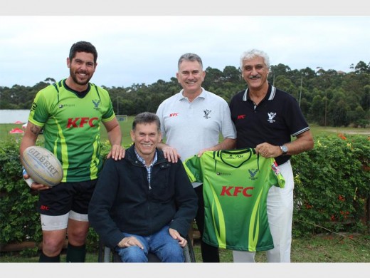 Jersey handover: The Southern KwaZulu-Natal rugby team's sponsor for the 2016 season is KFC. At the jersey handover at Douglas Mitchell Sports Ground last Saturday are (from left) Theo Nicholls (captain), Hans Allison (KFC), George Allison (KFC) and Dougie Haralambous (Southern KZN president).