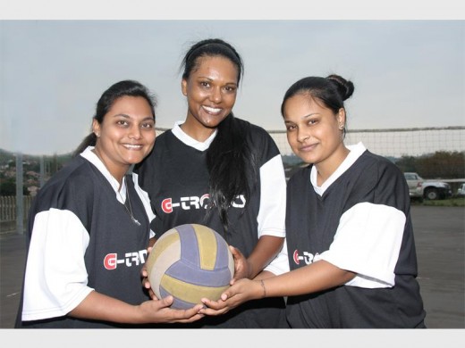 Heads up: Showing brilliance in defence are (from left) Teshan Manilal, Nerissa Moodley and Megan Reddiar of the New Covenant Ladies team. 0593vee