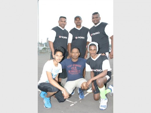 Proud moment: New Covenant City players (back, from left) Mark Pillay, Steven Naicker and Keshivan Padayachee with Jamin Behari, Losen Moodley and Ben Geoffrey in front, beat Assasins in the non-competitive match. 0561vee