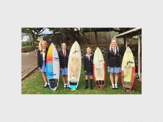 Creston College surfers (from left) Jessie Powell, Claire Haskins, Jordan Boshoff and Jenna Unsworth represented Ugu District at the annual SA Junior Surfing Championships held in Jeffreys Bay recently.