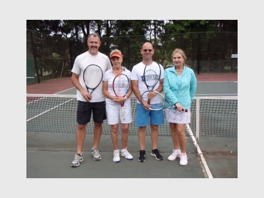 Well played: Luise Mohr (second, from left) won the women’s division. Brandon Saunders (left) was second in the men’s division. They are seen with Kurt Peterson and Mary Rawlins, who was a serious contender for the best in the fashion stakes.  PHOTO BY PHILIP SCHAFFLER