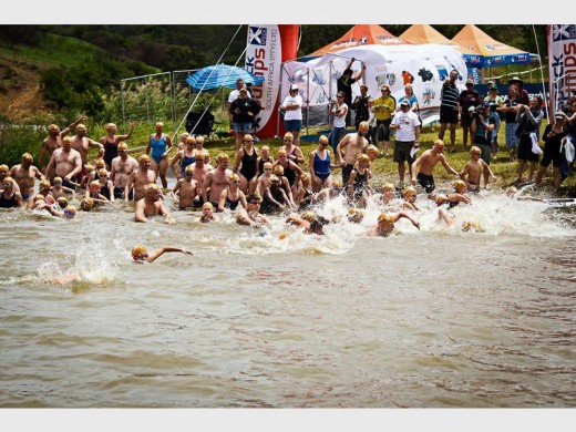 Raring to go: Swimmers in the Men and Women 14-30 event take to the water.