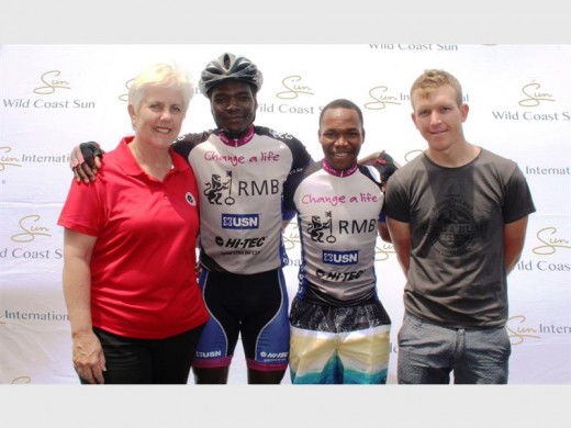 Main race: Finishing second, first and third respectively in the men's MTB race are (from left) Sthembiso Masango, Mboneni Ngcobo and Leeroy Emslie. With them is WildCoast Sun's Sandi Burger.