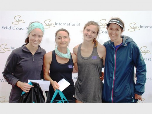 Fleet-footed: Marlise Joubert (right, Wild Coast Sun) with the top three women in the 20km trail run, namely (from left) Ronell Janse van Rensburg (3rd), Coco Burger (2nd) and Kathleen Goodhead (1st).