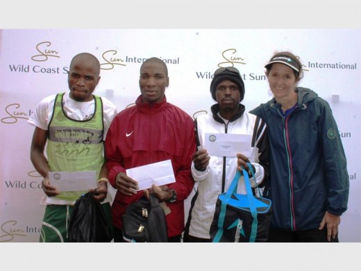Endurance: Top three in the men's trail run are (from left) Lwando Dotye (3rd), Thembalethu Xesibe (1st) and Eric Ndovela (2nd). CROP OUT WOMAN ON RIGHT