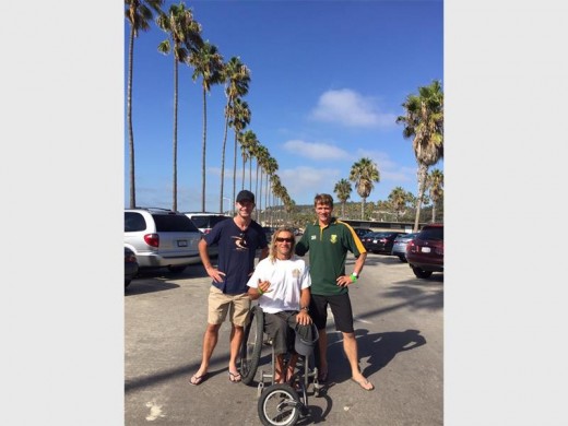 Catching up: Jean-Michel Koenig (left) flew to California to surprise his two mates at the World Adaptive Surfing Champs, namely Bruno Hansen and Ant Smyth. The three were all at Port Shepstone High together in the late 1980s.
