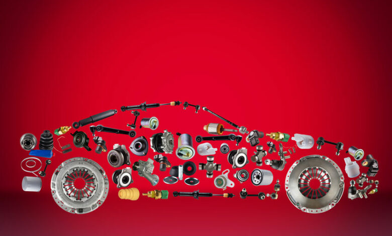 Passenger car assembled from new spare auto parts for shop aftermarket.