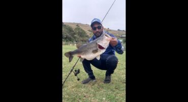 Shane Naidoo with a 4.5kg bass catch from Lake Eland.