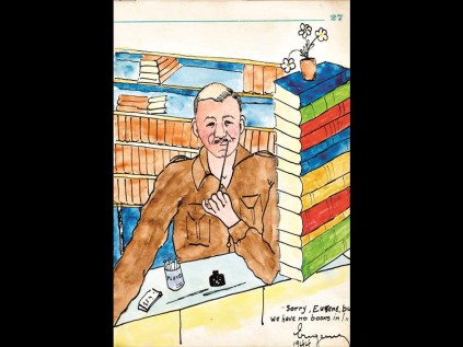 A cartoon of Zululander Etienne Lavoipierre manning the library at the Gorlitz, Stalag 8A prisoner of war camp