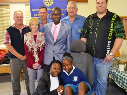 (back) Zululand Remedial Centre (ZRC) Principal Des Millin,  Umfolozi Wood Creations Design and Fabrication owner Vincent Reed and District 9370 Empangeni Rotary Club member Eric Bernon; (centre) ZRC Occupational Therapist Cheryl Ledger, Richem Secondary School Principal Dr Sibusiso Mthethwa and Onsite Computers owner Conrad Meyer (front) Nkule and Princess Sithole  PHOTO: DUSCHANKA HITZEROTH