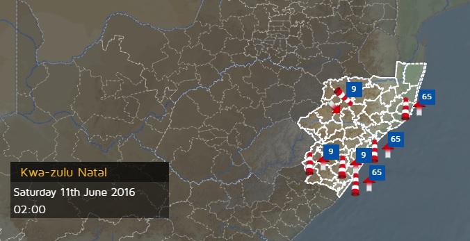A wind speed map taken from SA Weather Service's website shows winds of up to 65km/h predicted to hit KZN 