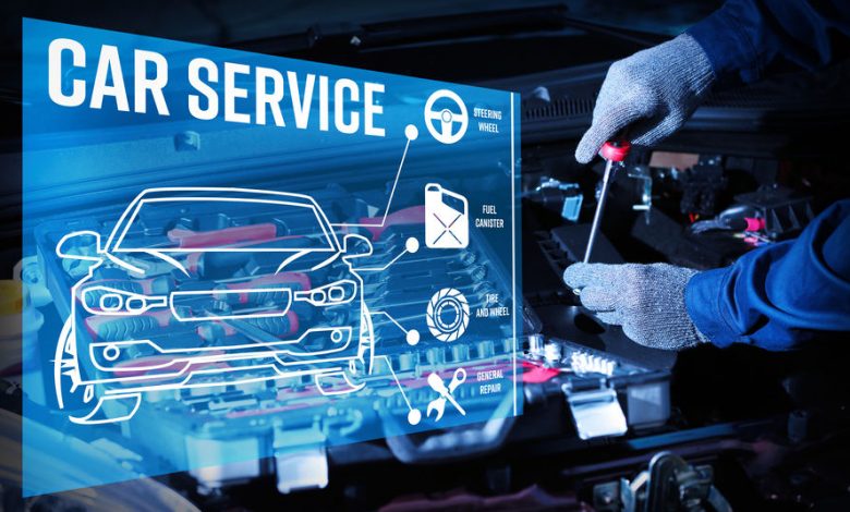 Interface of modern car diagnostic program on engine background. Car service concept.