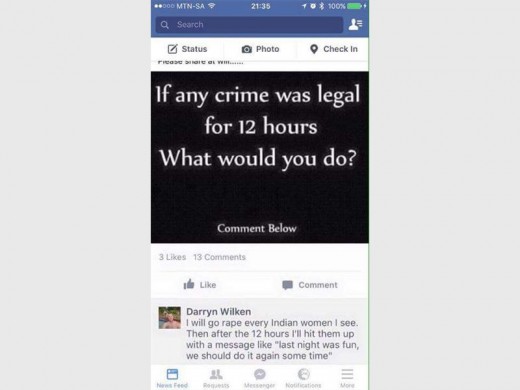 A screen grab of the comment posted on Facebook by Darryn Wilken about raping Indian women.