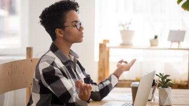 Calm,African,Woman,Student,Worker,Taking,Break,Doing,Yoga,At