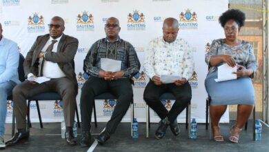 MEC Matome Chiloane, Premier Panyaza Lesufi, Lebohang Maile and Ward 110 councillor Angie Mphaho. Photo: Sphiwe Masilela