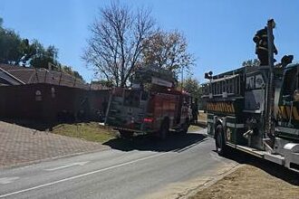 Rescue teams and firefighters battle the raging fire at Bradford School in Vorna Valley.