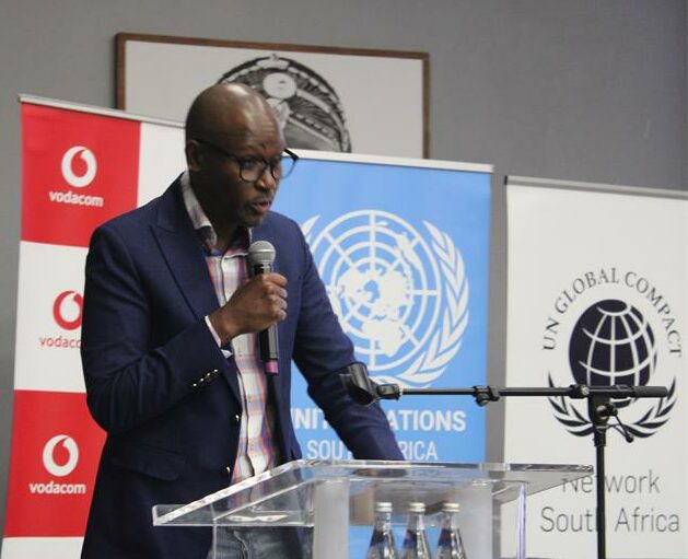 Vodacom Group chief officer for human resources, Matimba Mbungela, welcomes guests at the International Day of the Girl Child commemoration at Vodacom World on October 10. Photo: Comfort Makhanya