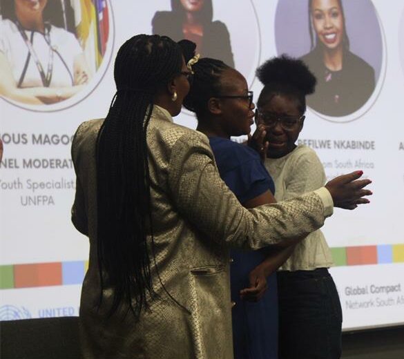 SABC International news editor Sophie Mokoena and National Youth Development Agency chairperson Dr Sunshine Myende comfort Mukhethwa Nkhulumeni a