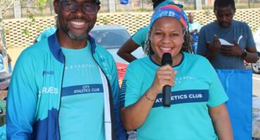 Former Waterfall City Athletics Club chairperson Kuye Mthethwa, with current chairperson Muneiwa Ndonyane, on October 12 2024, during the club's welcoming of new members. Photo: Sphiwe Masilela