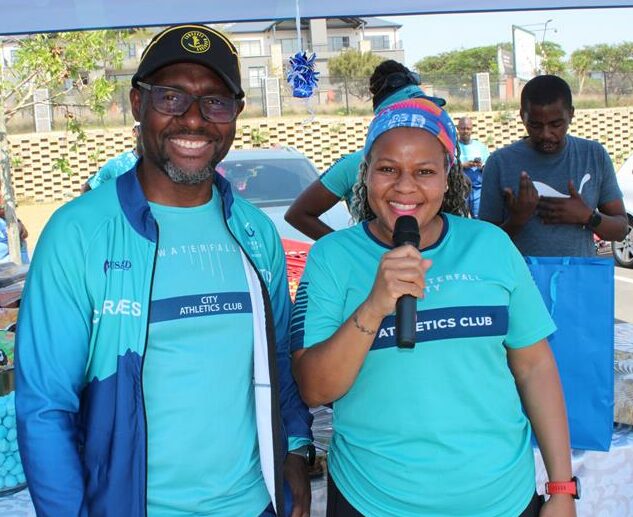Former Waterfall City Athletics Club chairperson Kuye Mthethwa, with current chairperson Muneiwa Ndonyane, on October 12 2024, during the club's welcoming of new members. Photo: Sphiwe Masilela