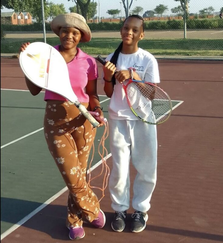 Tsa Kasi Tennis Club players Zintle Moyo and Jada Stanford during their first training at Rabie Ridge Stadium with the donated equipment on October 17. Photo: Sydwell Ramakokovhu