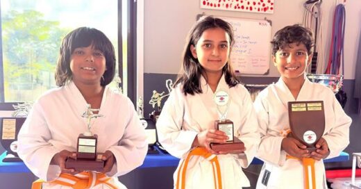 Kyalami Shotokan Karate winner, best boy U8 Shahaan Singh, most spirited Hajer Variawa, and double gold grand champion Muhammad Vazeer on February 14. Photo: Supplied
