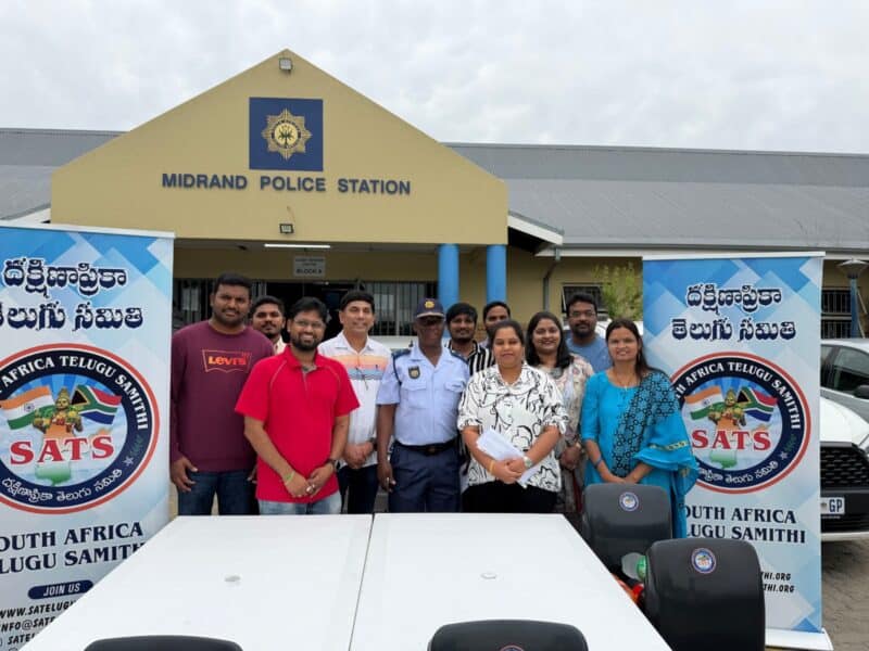 South Africa Telugu Samithi (SATS) has donated two tables and eight chairs to the Midrand Police Station, replacing damaged furniture and creating a more comfortable space for officers and members of the public.
