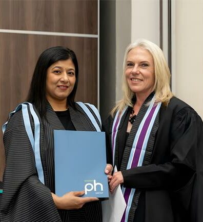 Emeris Waterfall campus head, Avadhi Ghela, and Amanda Norman, who graduated as a top LLB student with an average of 88%, for which she was awarded a Phatshoane Henney (PH) Group Honour Medal on May 13. Photo: Supplied