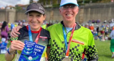 Sharon and Duane Newman after receiving their permanent numbers at the Two Oceans Marathon this year. Photo: Supplied