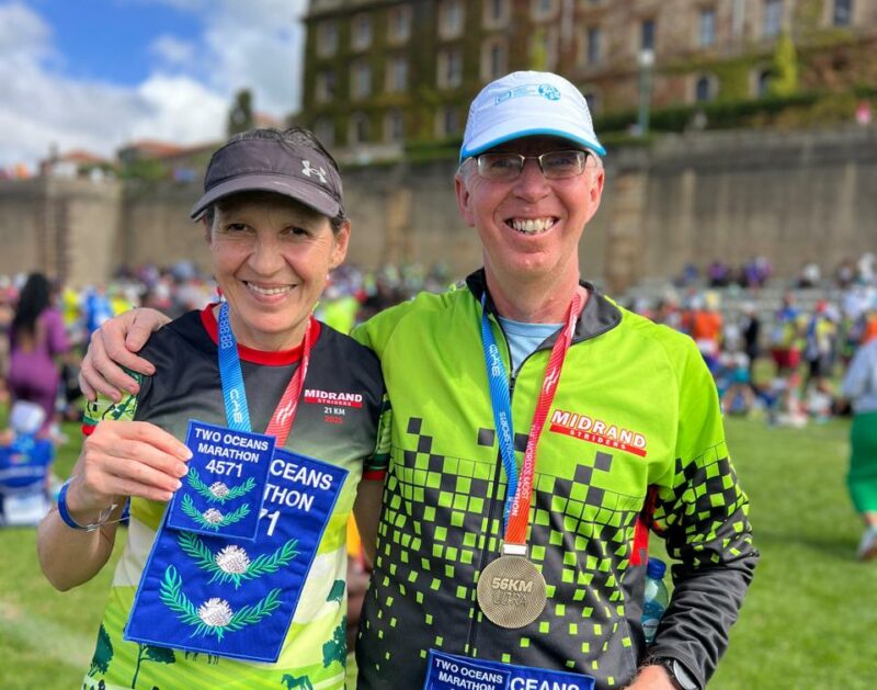 Sharon and Duane Newman after receiving their permanent numbers at the Two Oceans Marathon this year. Photo: Supplied