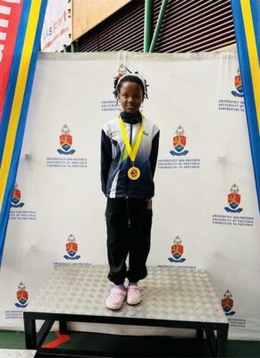 Zuri Ntombi-Frempong after winning her gold medal at the Tuks Tumblemania Tumbling competition. Photo: Supplied